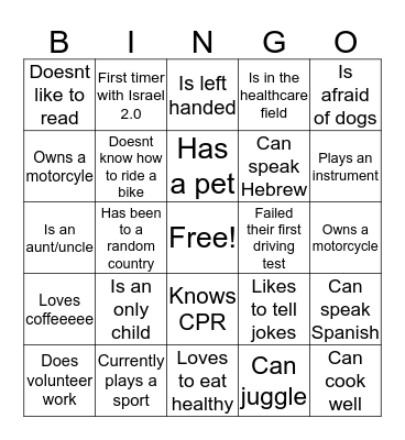 Israel 2.0 Bingo Card