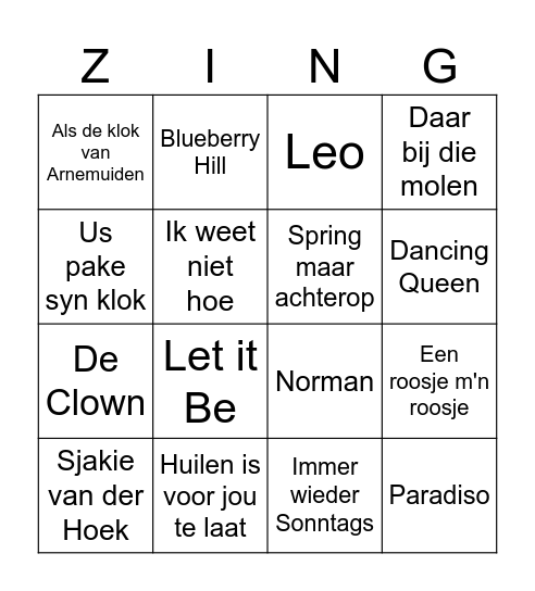 Muziekbingo Joure 2 januari 2026 Bingo Card