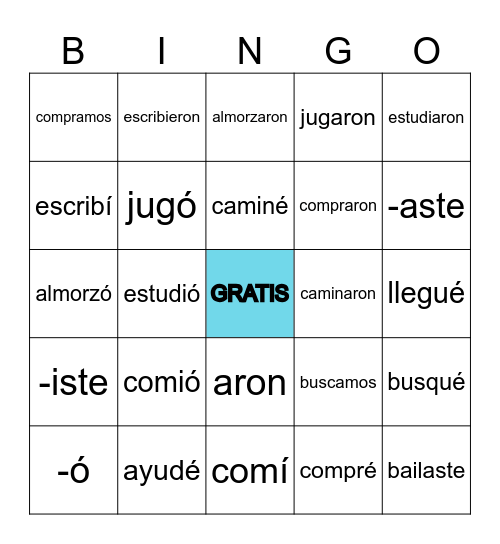 -AR, -ER, -IR Pretérito Bingo Card