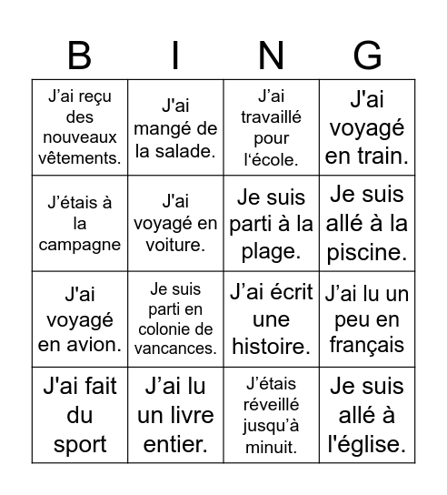 BINGO DE VACANCES Bingo Card