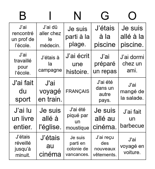 BINGO DE VACANCES Bingo Card