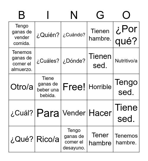 Sp 1: 3.1b Vocab Bingo Card