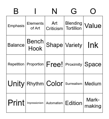 Studio Art Midterm Bingo Card