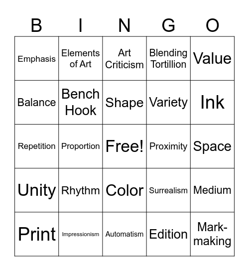 Studio Art Midterm Bingo Card