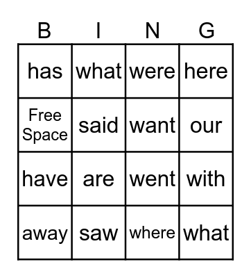 Sight Word Bingo Card