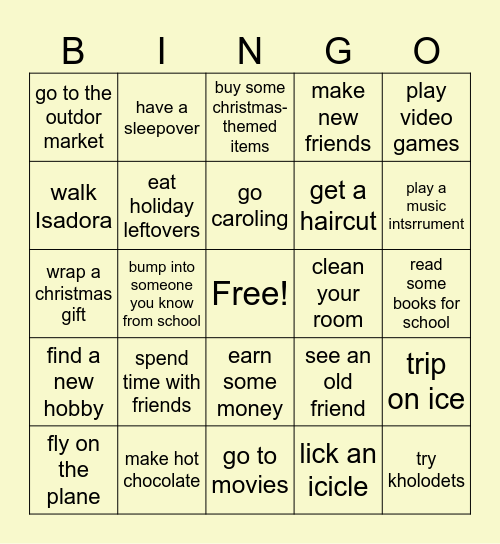 Winter Holidays Bingo Card