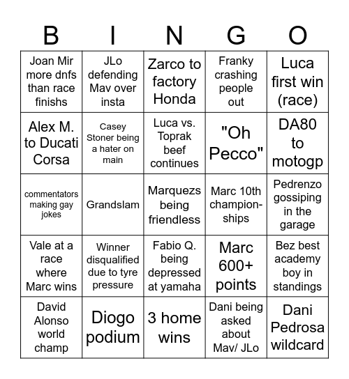 MotoGP Bingo Card