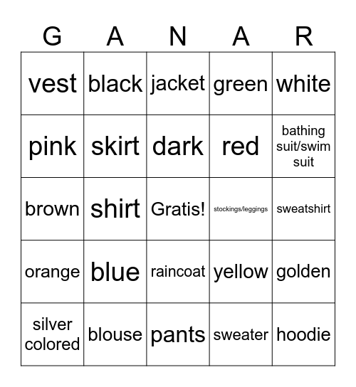 La Ropa y los Colores (SPA--> ENG) Bingo Card
