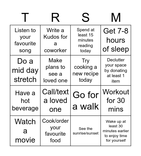 Therapeutic Recreation Month 2026 (Mark off a bingo during the month and return to Gary for a chance to win a prize) Bingo Card