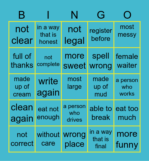 Prefix/Suffix Bingo Card