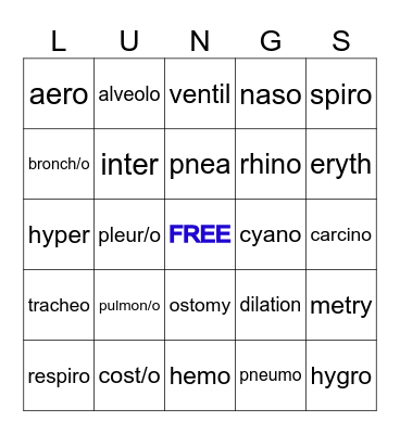 Respiratory Root Words Bingo Card