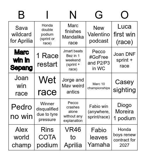 MotoGP Bingo Card