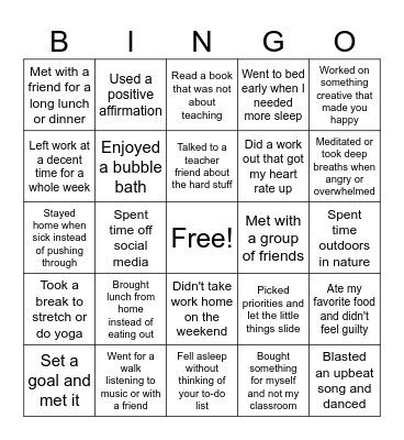 Teacher Self-Care Bingo Card