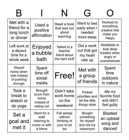 Teacher Self-Care Bingo Card