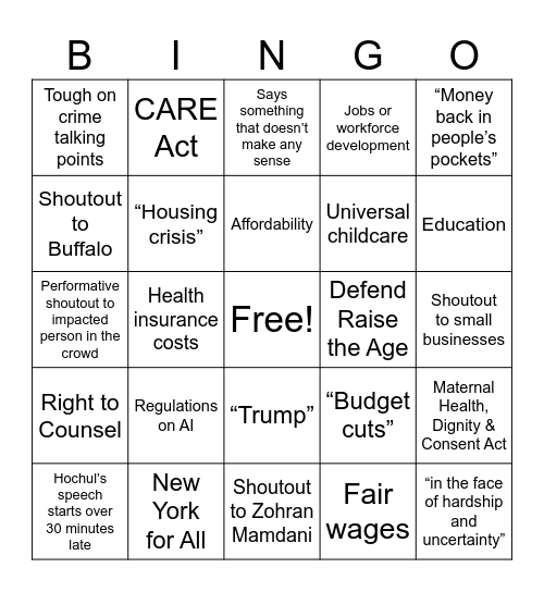 2026 State of the State Bingo Card