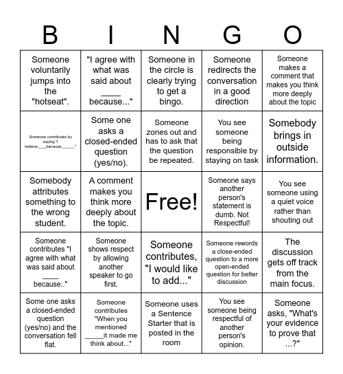 Socratic Seminar Bingo Card