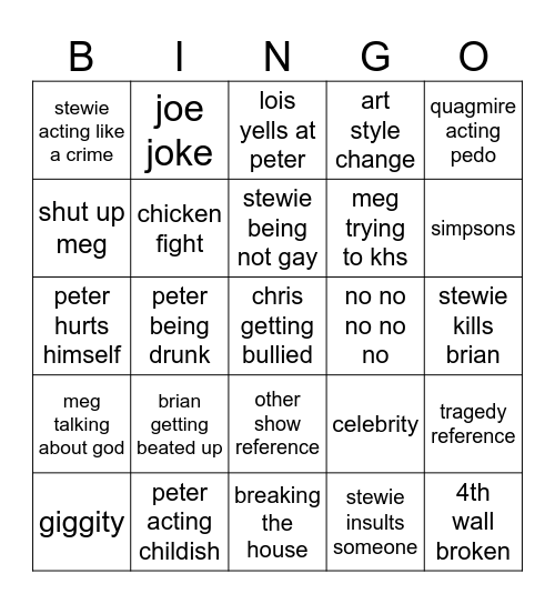 family guy bingo Card