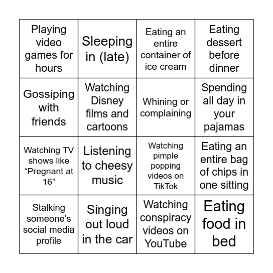 Guilty pleasure Bingo Card