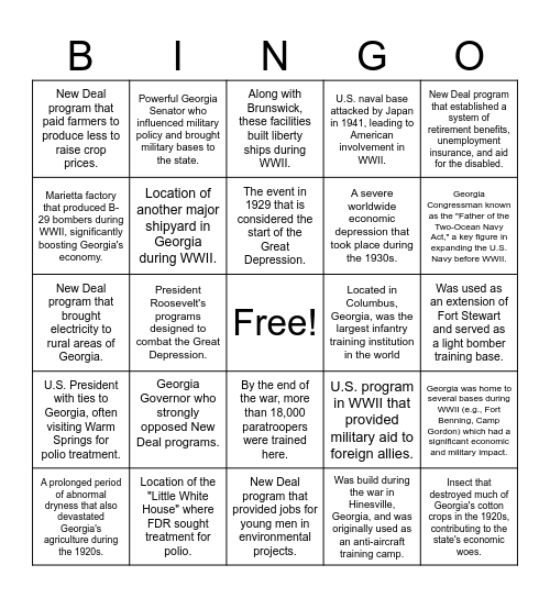 WWI and WII Bingo Card