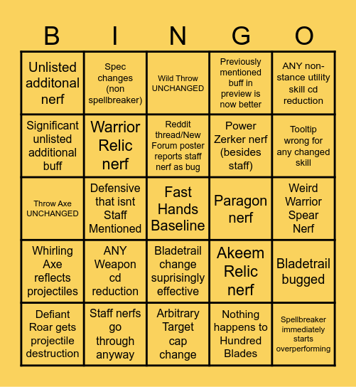 Yellow Class Patch Jan 13th Bingo Card