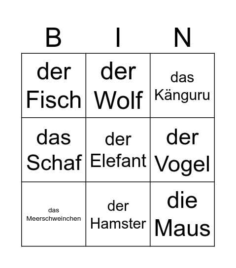 Tiere Bingo Card