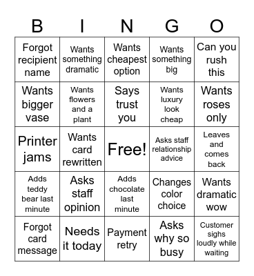 Valentine's Day Florist Bingo Card