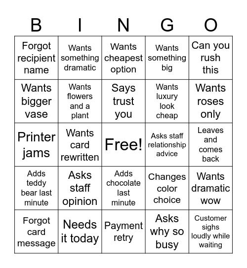 Valentine's Day Florist Bingo Card