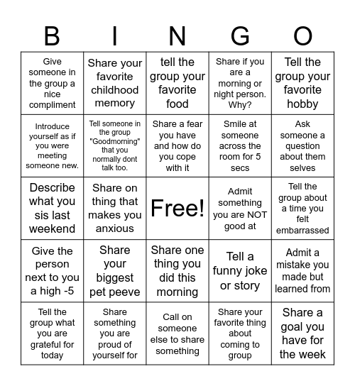 Social Anxiety Bingo Card