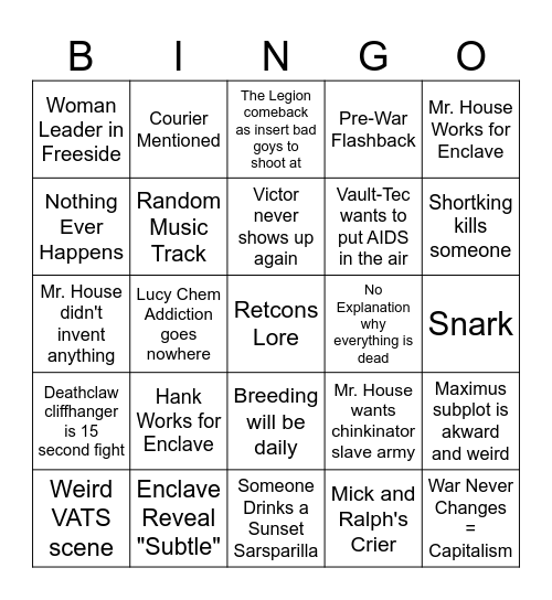 Fallout S2E5 Bingo Card