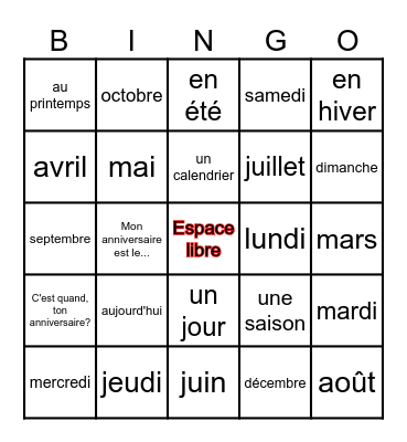 Le calendrier et les saisons Bingo Card