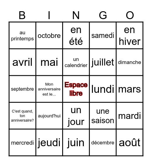 Le calendrier et les saisons Bingo Card