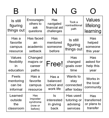 Mentor Bingo Card