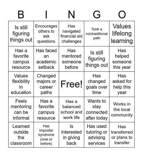 Mentor Bingo Card