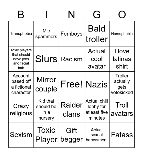 Recroom Bingo Card