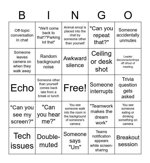 Zoom Meeting Bingo Card