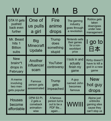 2026 Goin' Downhill Bingo Card