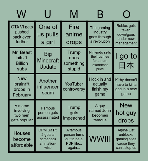 2026 Goin' Downhill Bingo Card