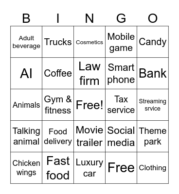 Game Day Commercials Bingo Card