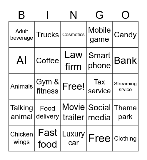 Game Day Commercials Bingo Card