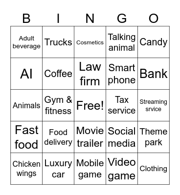 Game Day Commercials Bingo Card