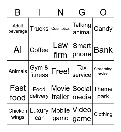 Game Day Commercials Bingo Card