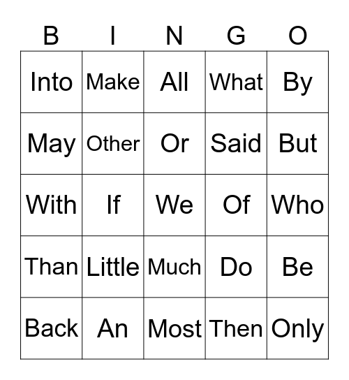 Power Words Bingo Card