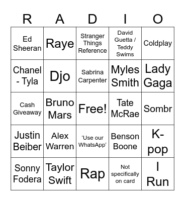 Capital Radio Bingo Card