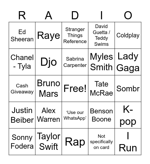 Capital Radio Bingo Card