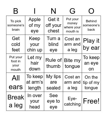 Theme: Body parts Bingo Card