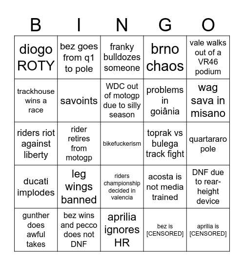 f0rmulamoto MotoGP Bingo Card