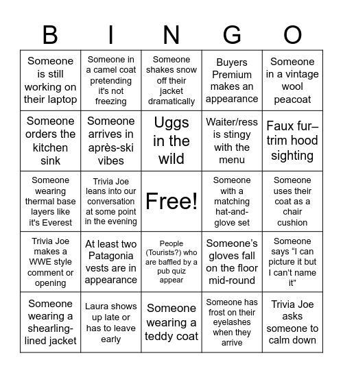 Trivia Joe Bingo Card