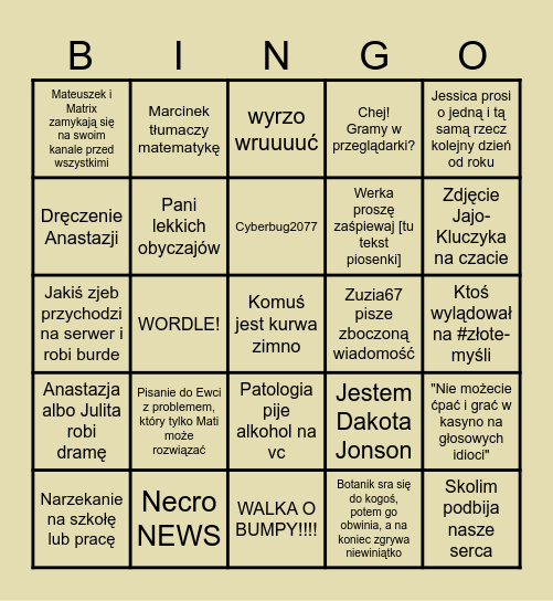 Miodzikowe Bingo Card