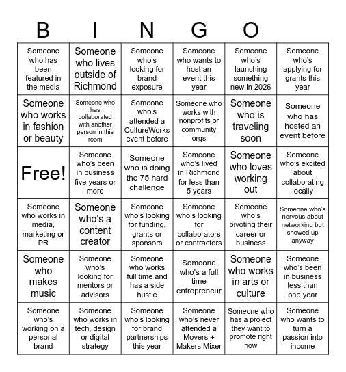 Movers+Makers Mixer - Networking Bingo Card