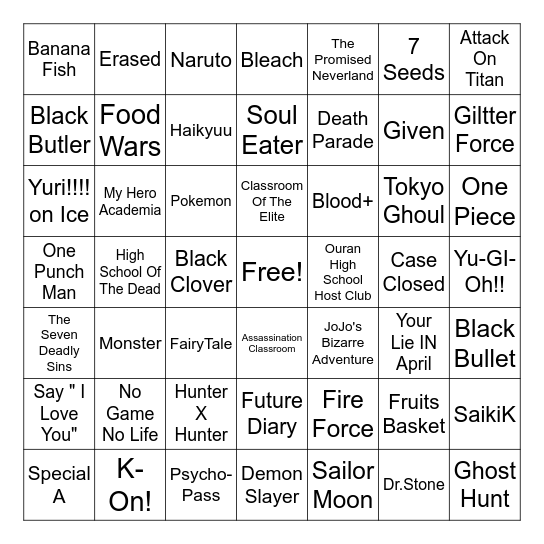 Anime Bingo Card